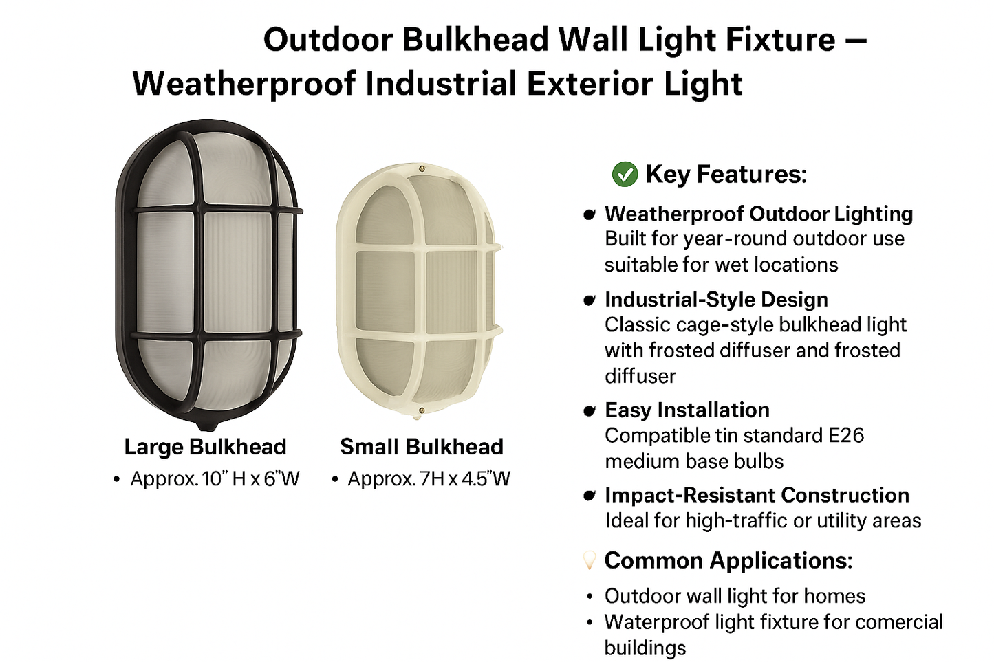 Bulkhead Outdoor Wall Light | Industrial Cage Design | Weatherproof | Frosted Glass | Black/White | Large & Small Sizes